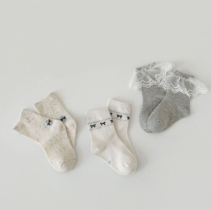 Miso - Korean Children Fashion - #childofig - Blue Lace Ribbon Socks Set (set of 3) - 9