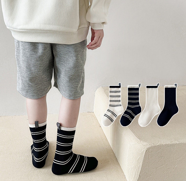 Miso - Korean Children Fashion - #childofig - Label Stripe Socks Set (set of 4) - 2