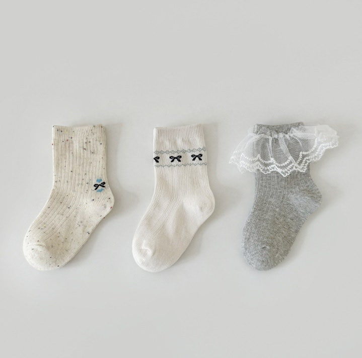 Miso - Korean Children Fashion - #kidsshorts - Blue Lace Ribbon Socks Set (set of 3)