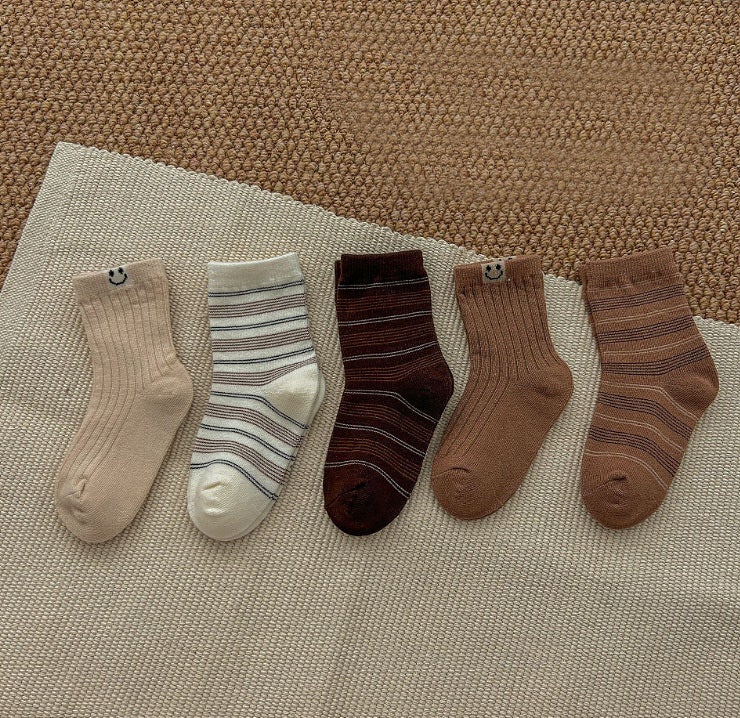 Miso - Korean Children Fashion - #kidsstore - Brown Smile Socks Set (set of 5)