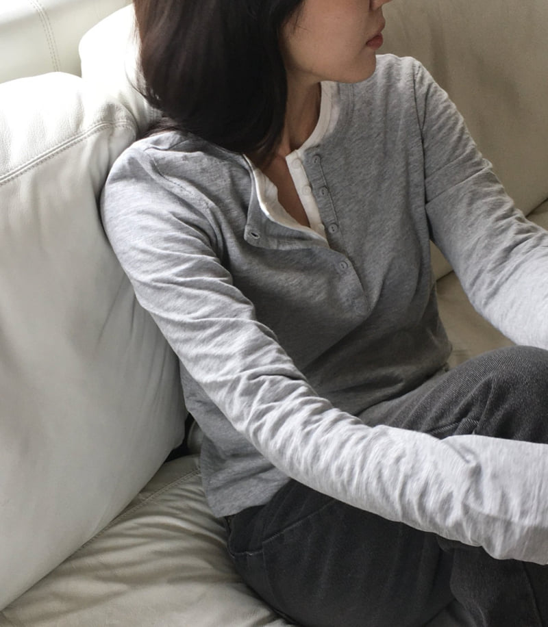 Moani - Korean Women Fashion - #womensfashion - Henley Neck Long Sleeve Tee - 5