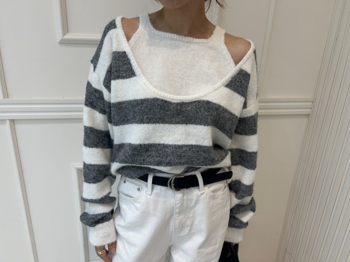 Pearls room - Korean Women Fashion - #momslook - Stripe Layered Knit