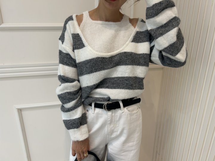 Pearls room - Korean Women Fashion - #momslook - Stripe Layered Knit - 3