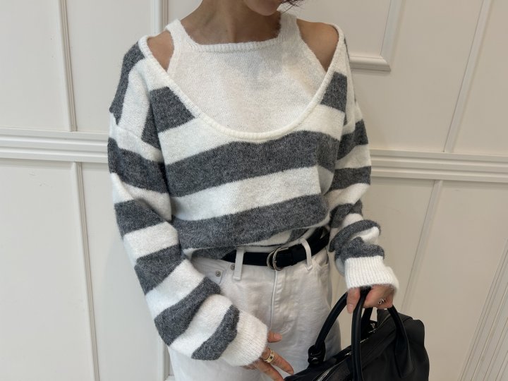 Pearls room - Korean Women Fashion - #momslook - Stripe Layered Knit - 5