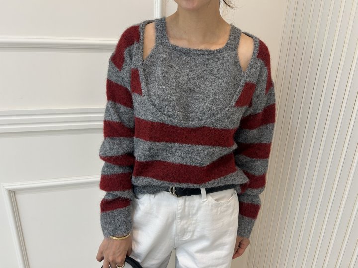 Pearls room - Korean Women Fashion - #momslook - Stripe Layered Knit - 8