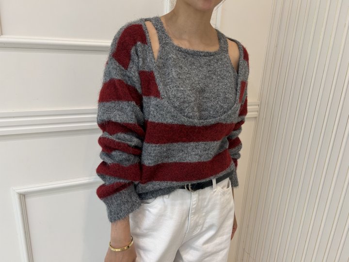 Pearls room - Korean Women Fashion - #momslook - Stripe Layered Knit - 9