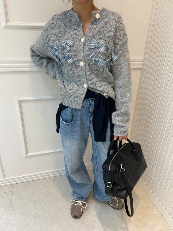 Pearls room - Korean Women Fashion - #momslook - Ribbon Lace Knit Cardigan - 2