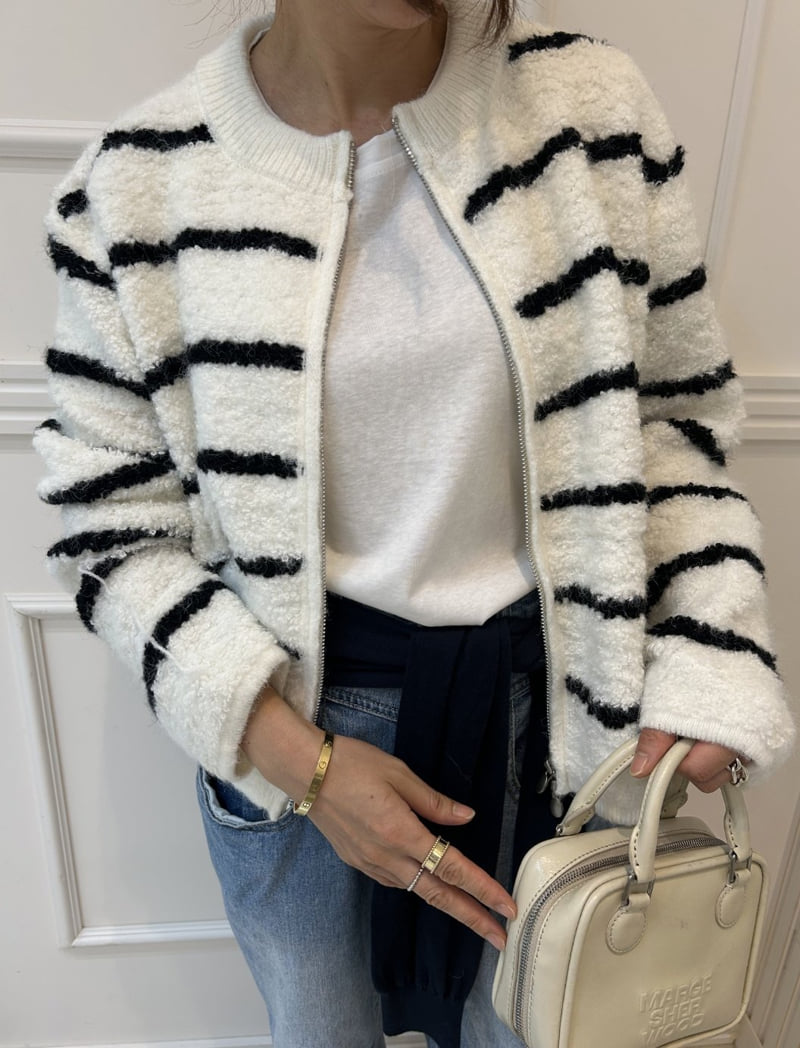 Pearls room - Korean Women Fashion - #momslook - Boucle Stripe Zip-up - 3