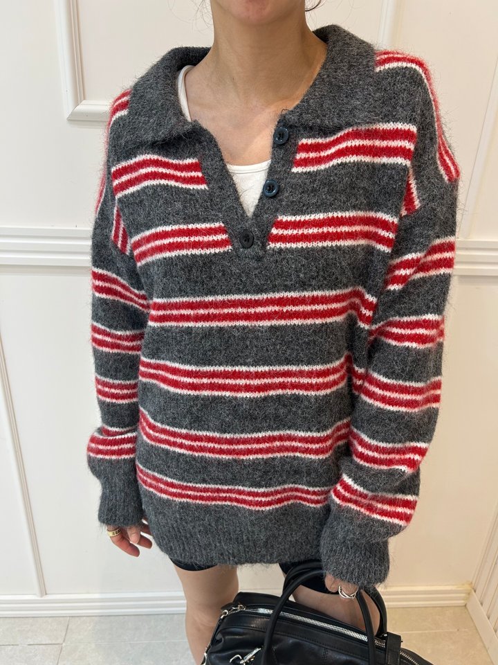 Pearls room - Korean Women Fashion - #momslook - Mellow Stripe Collar Knit - 10