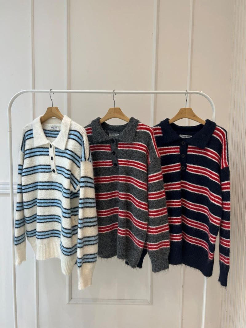 Pearls room - Korean Women Fashion - #momslook - Mellow Stripe Collar Knit - 12