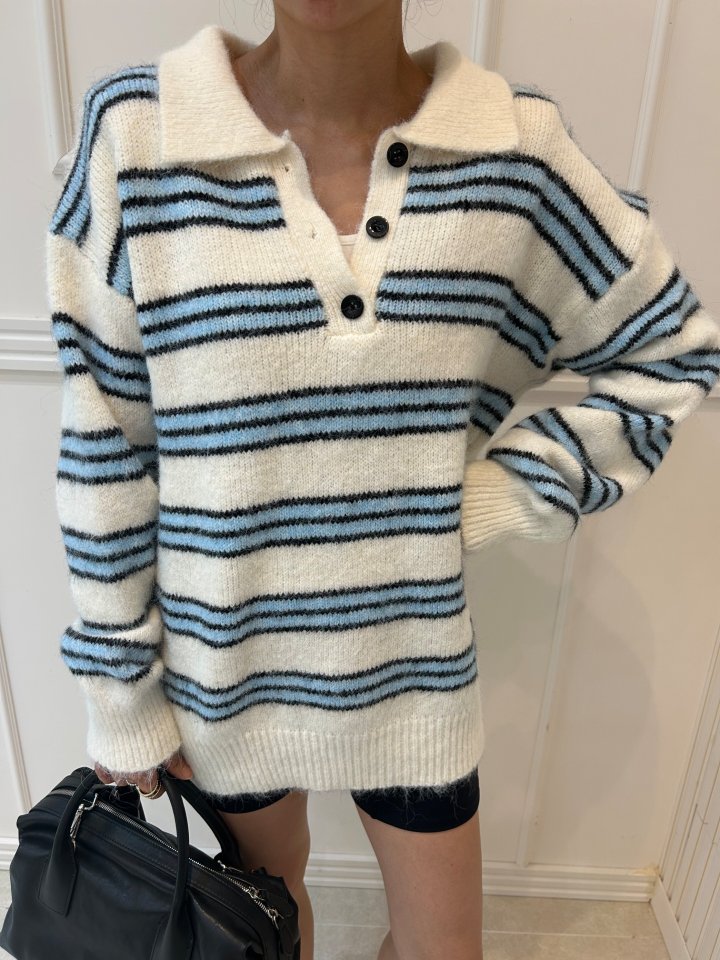 Pearls room - Korean Women Fashion - #momslook - Mellow Stripe Collar Knit - 2