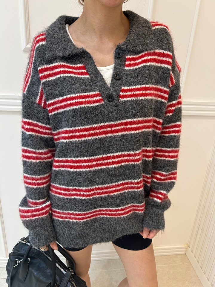 Pearls room - Korean Women Fashion - #momslook - Mellow Stripe Collar Knit - 6