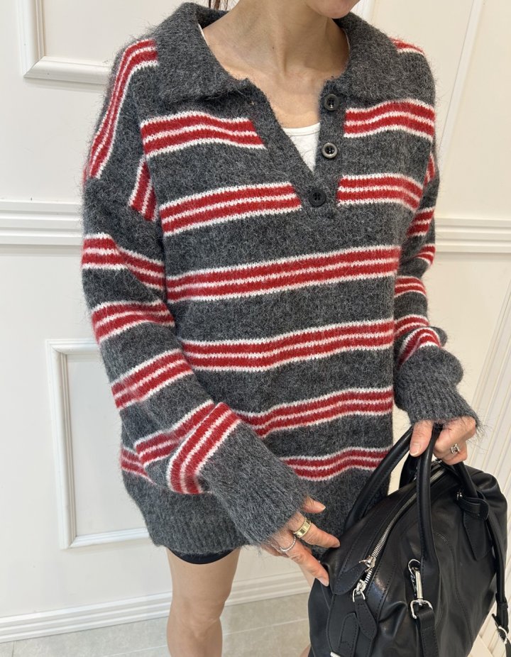 Pearls room - Korean Women Fashion - #momslook - Mellow Stripe Collar Knit - 8