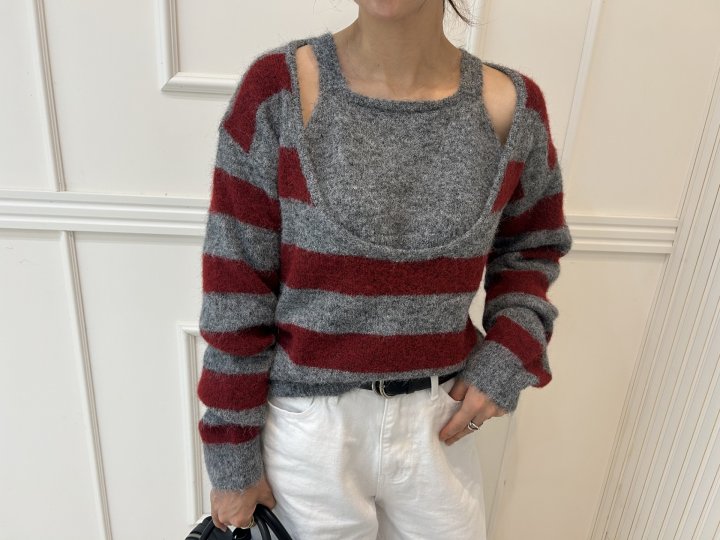 Pearls room - Korean Women Fashion - #vintageinspired - Stripe Layered Knit - 11