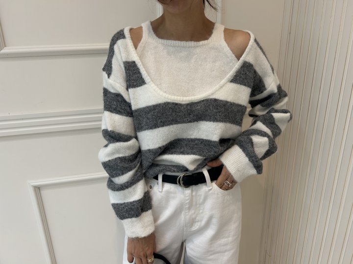 Pearls room - Korean Women Fashion - #womensfashion - Stripe Layered Knit - 2