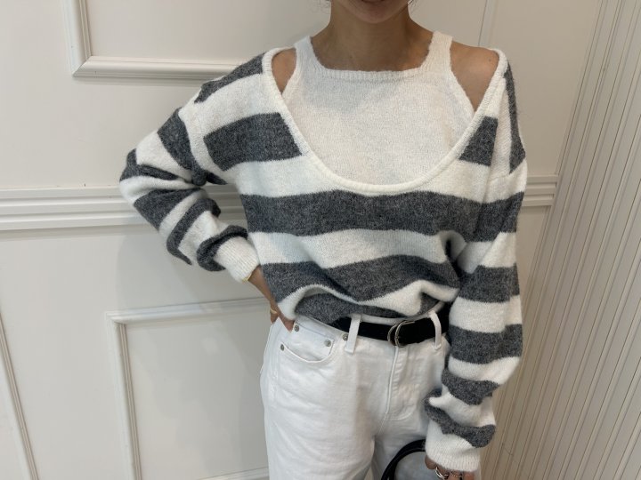 Pearls room - Korean Women Fashion - #momslook - Stripe Layered Knit - 4