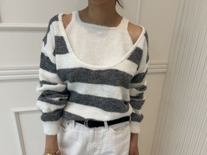 Pearls room - Korean Women Fashion - #womensfashion - Stripe Layered Knit - 6