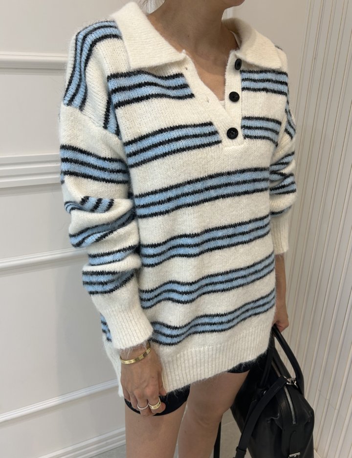 Pearls room - Korean Women Fashion - #womensfashion - Mellow Stripe Collar Knit - 3