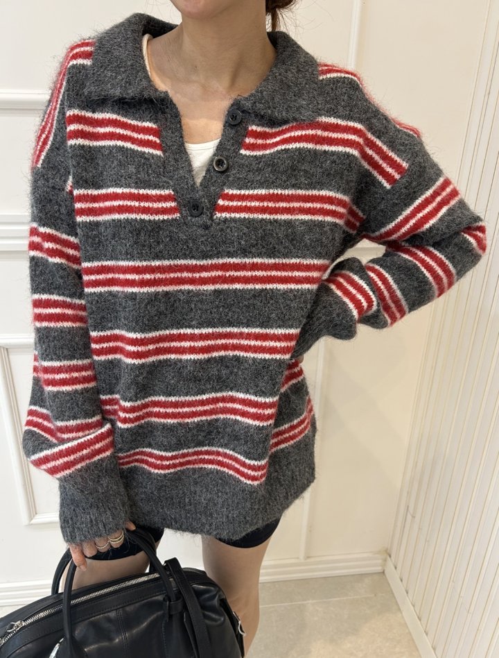 Pearls room - Korean Women Fashion - #womensfashion - Mellow Stripe Collar Knit - 7