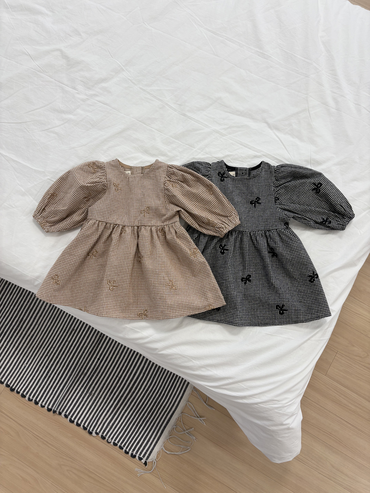 Pom - Korean Children Fashion - #childofig - Ribbon Check One-piece - 3