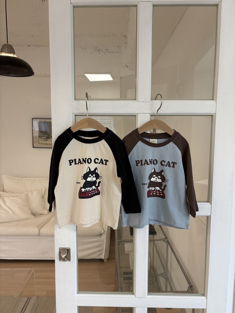 Pom - Korean Children Fashion - #kidsshorts - Piano Cat Raglan Tee
