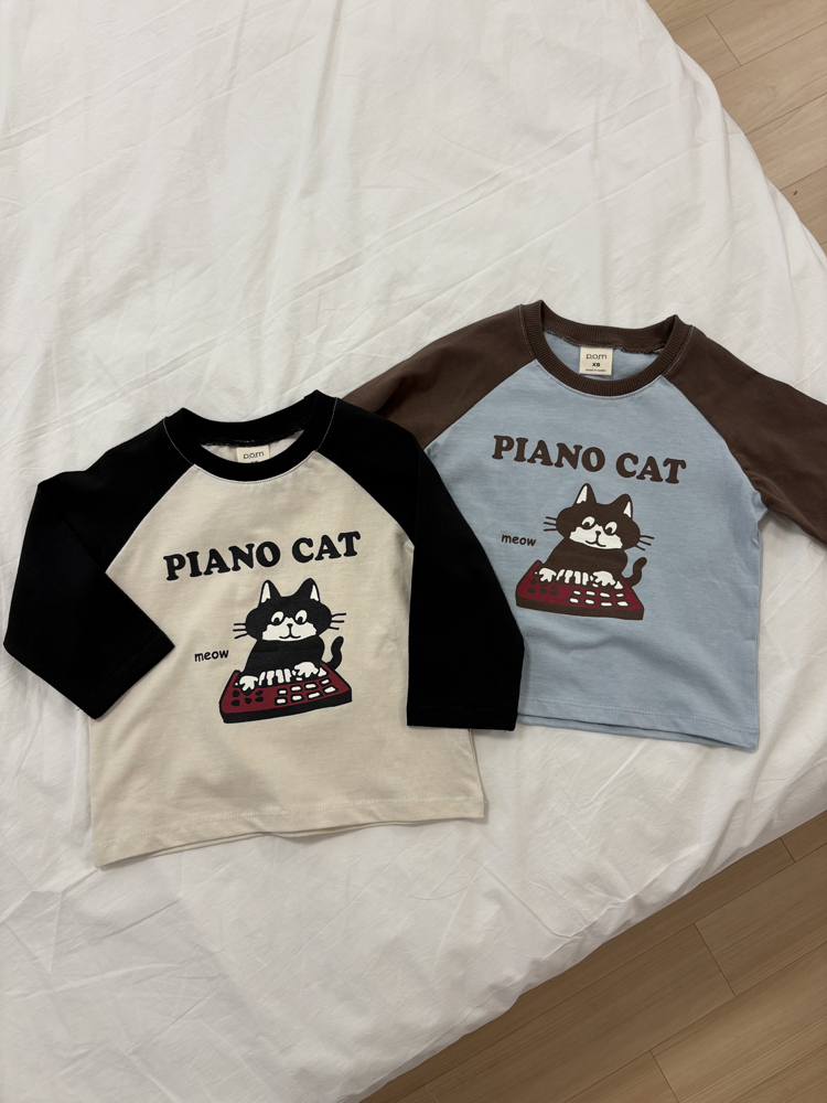 Pom - Korean Children Fashion - #kidsstore - Piano Cat Raglan Tee - 2