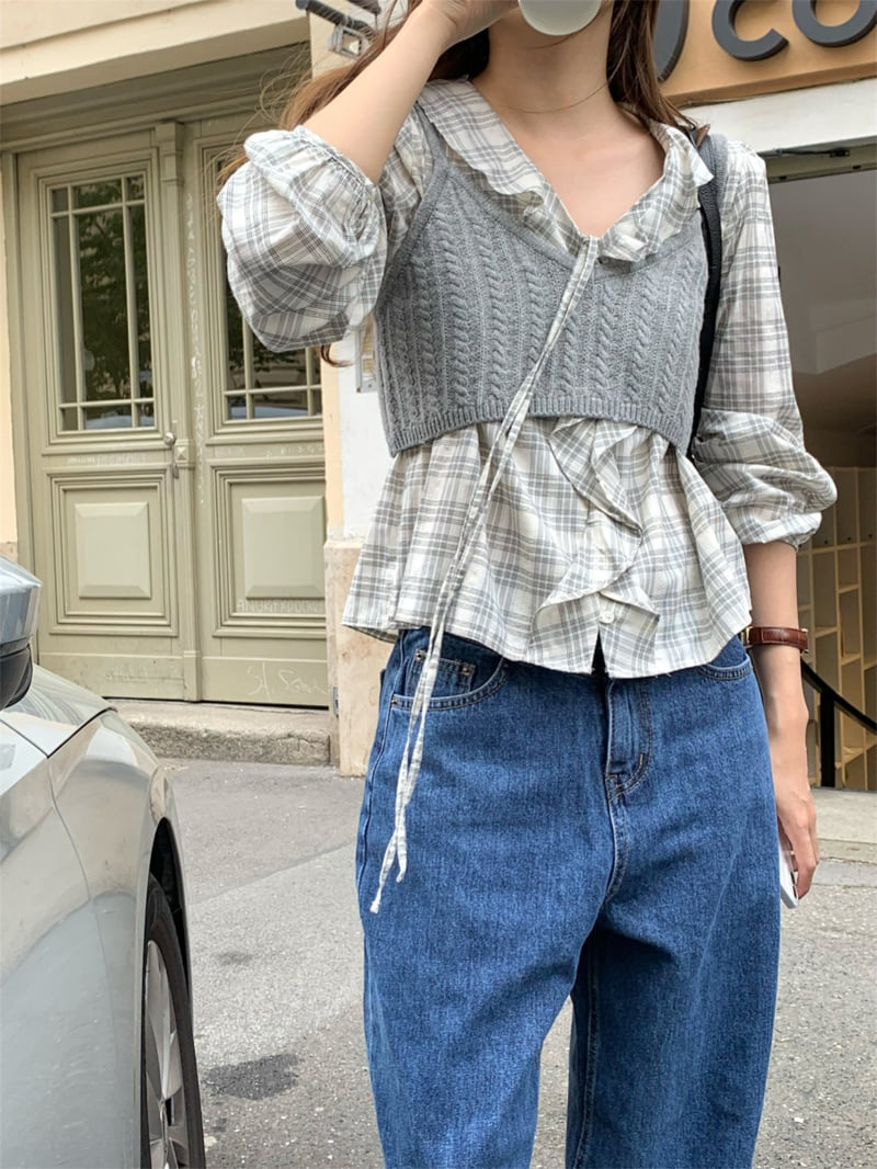 Pomelo - Korean Women Fashion - #momslook - Check Ruffle Blouse - 7