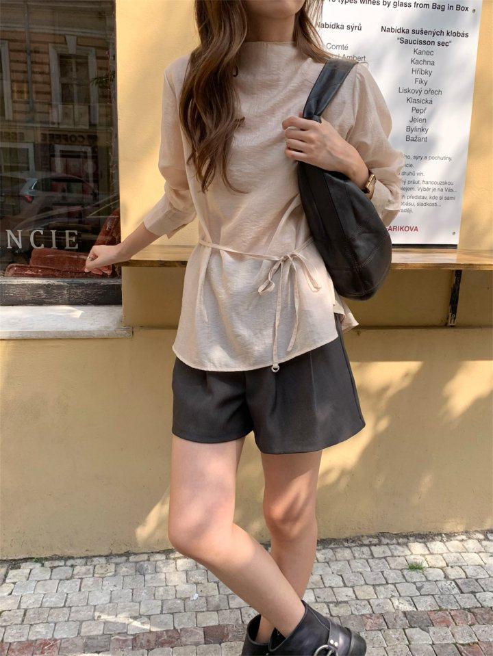 Pomelo - Korean Women Fashion - #momslook - Loel Half Turtleneck String Belt Blouse - 5