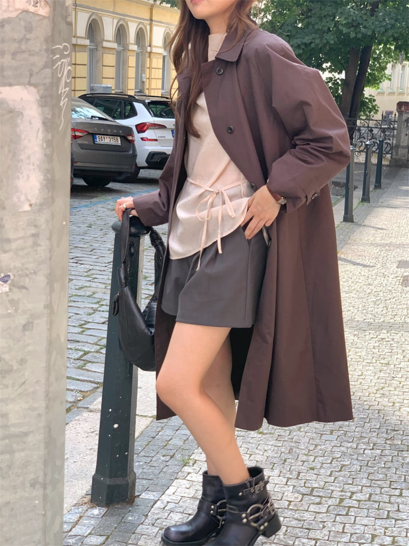 Pomelo - Korean Women Fashion - #womensfashion - Pale Long Shoulder Padded Trench Coat - 7
