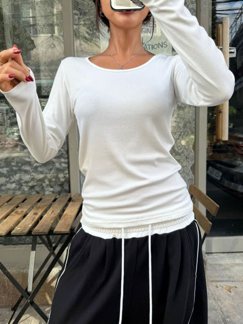 Queensmade - Korean Women Fashion - #restrostyle - Ribbed U-Neck Tee - 11