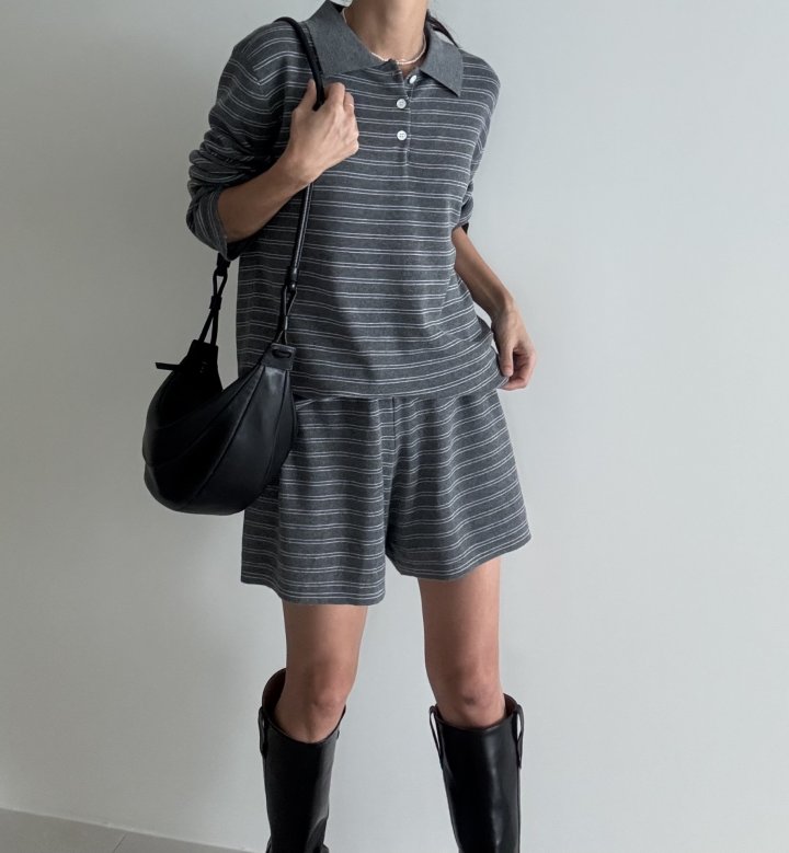Ripple - Korean Women Fashion - #momslook - Collar Knit Top Short Set