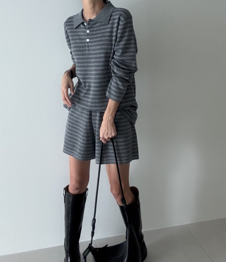 Ripple - Korean Women Fashion - #vintageinspired - Collar Knit Top Short Set - 3
