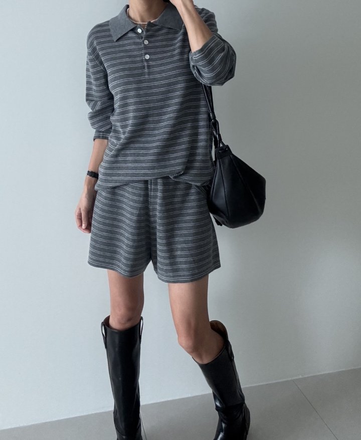 Ripple - Korean Women Fashion - #vintageinspired - Collar Knit Top Short Set - 4