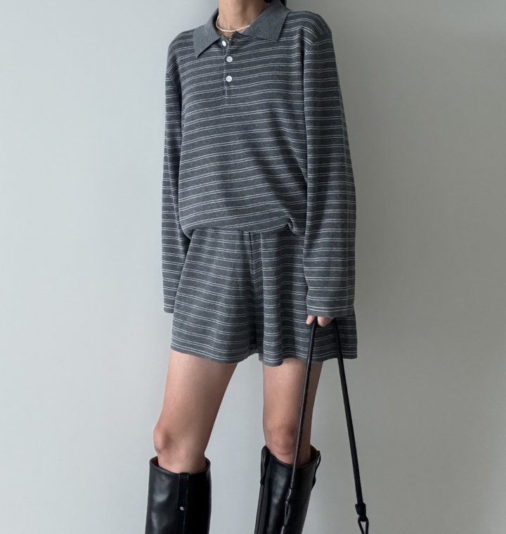 Ripple - Korean Women Fashion - #womensfashion - Collar Knit Top Short Set - 2