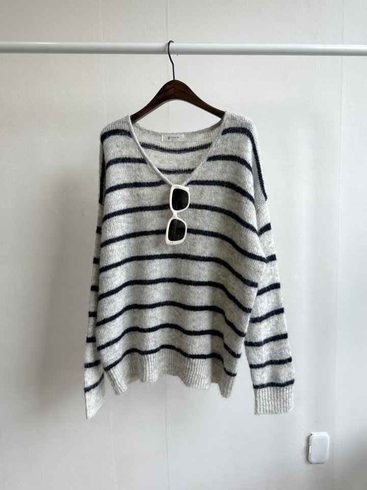 There By - Korean Women Fashion - #momslook - There V-neck Stripe Knit Pullover - 2