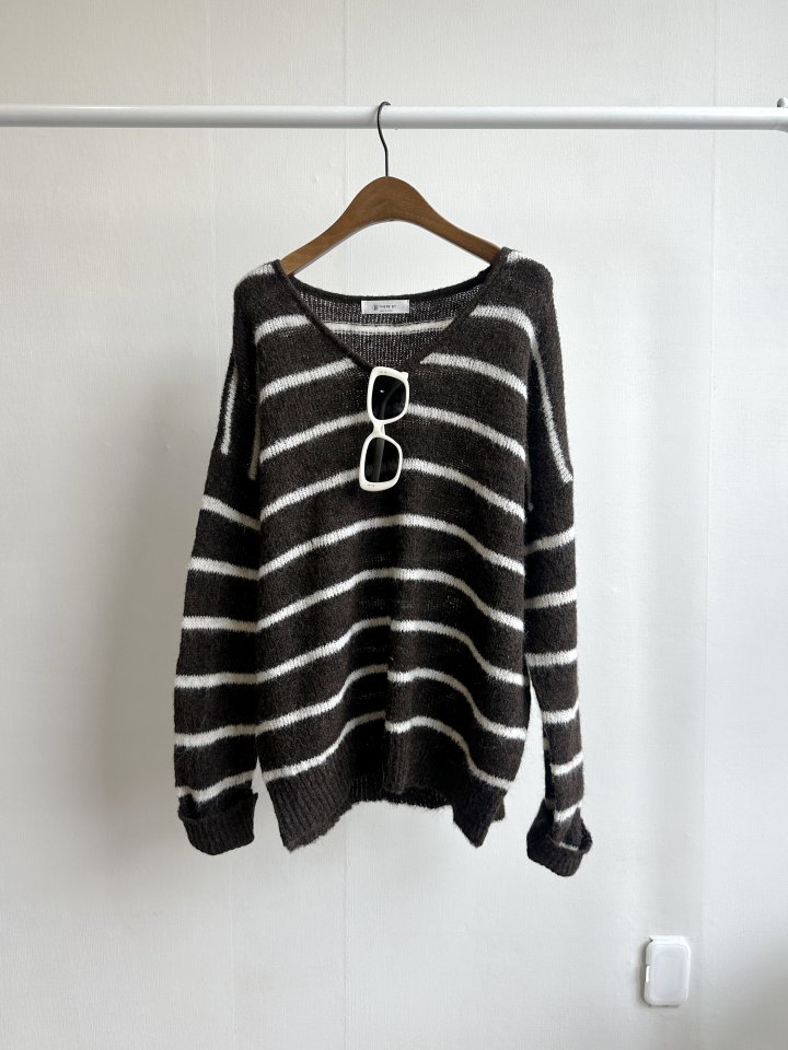 There By - Korean Women Fashion - #momslook - There V-neck Stripe Knit Pullover - 3