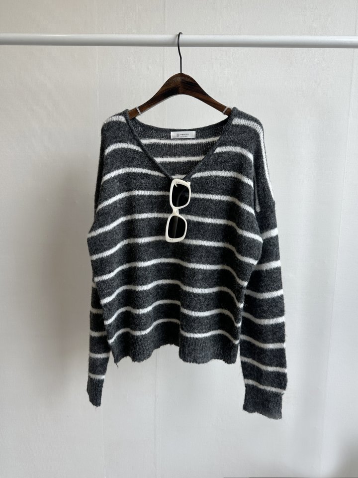 There By - Korean Women Fashion - #momslook - There V-neck Stripe Knit Pullover - 4