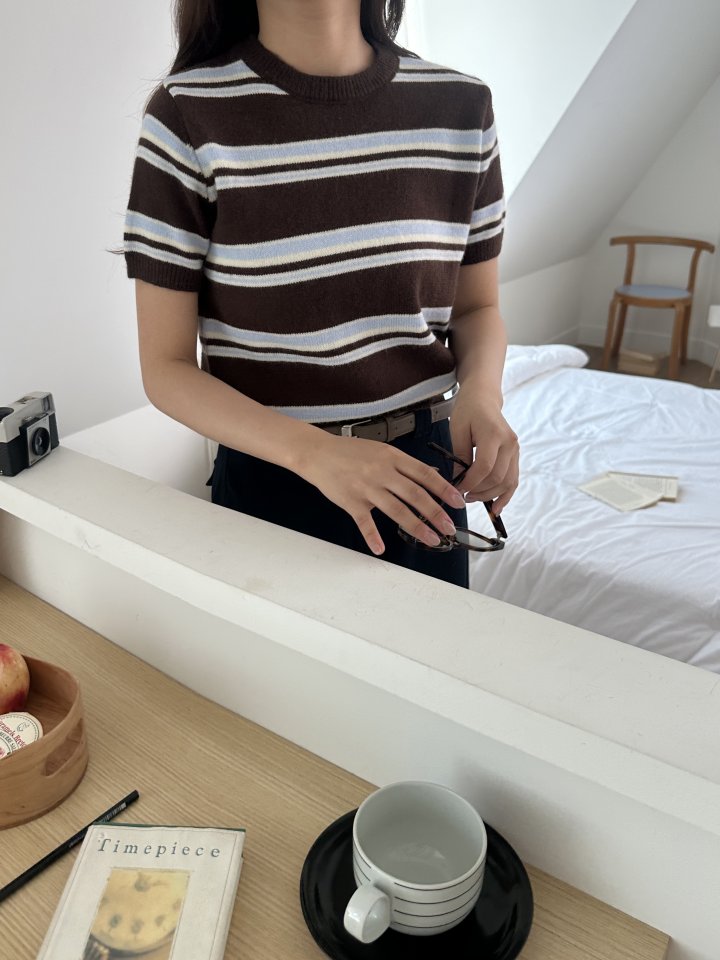 There By - Korean Women Fashion - #momslook - Stripe Short-sleeved Knit Top