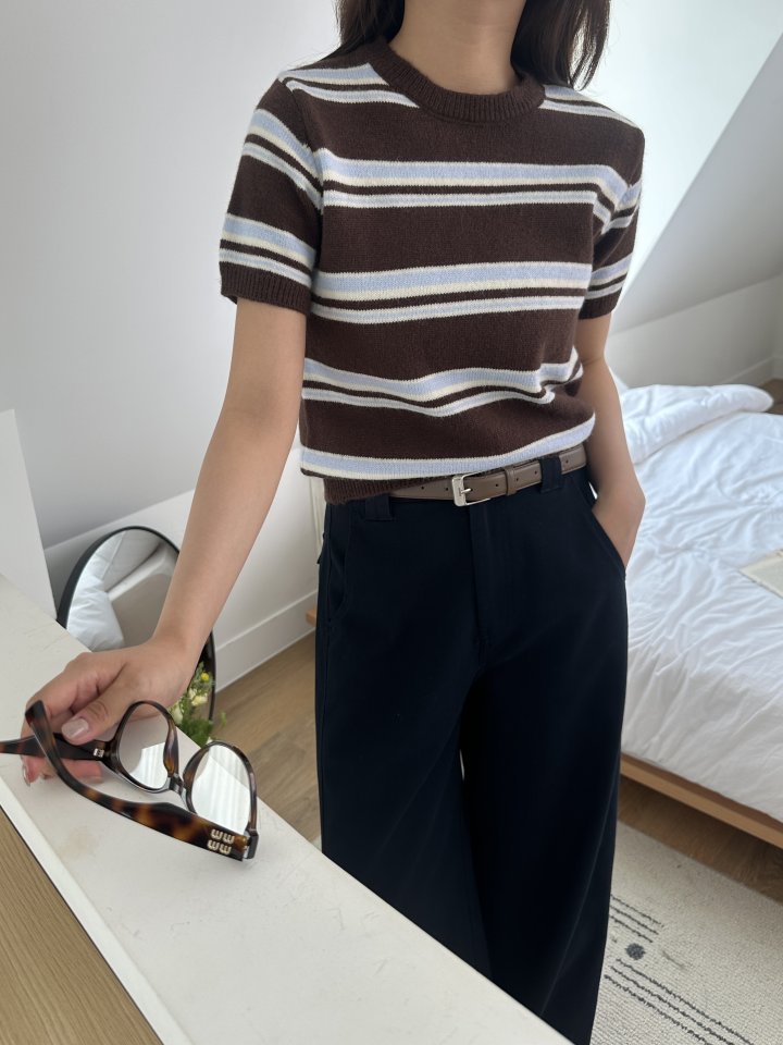There By - Korean Women Fashion - #momslook - Stripe Short-sleeved Knit Top - 3