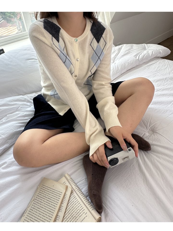 There By - Korean Women Fashion - #momslook - Wool Argyle Cardigan