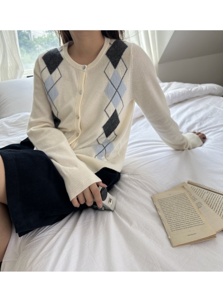There By - Korean Women Fashion - #restrostyle - Wool Argyle Cardigan - 6