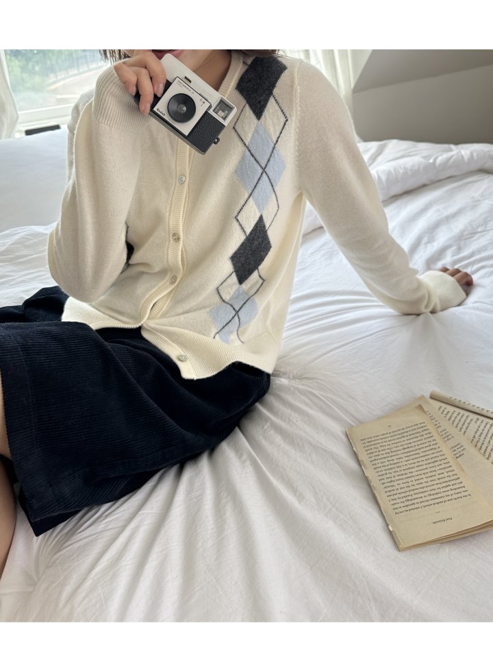 There By - Korean Women Fashion - #romanticstyle - Wool Argyle Cardigan - 7