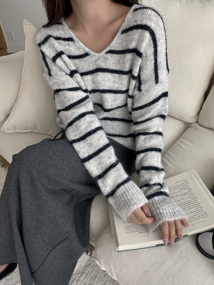 There By - Korean Women Fashion - #shopsmall - There V-neck Stripe Knit Pullover - 10