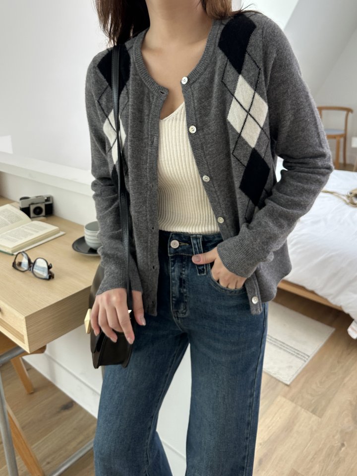 There By - Korean Women Fashion - #shopsmall - Wool Argyle Cardigan - 7