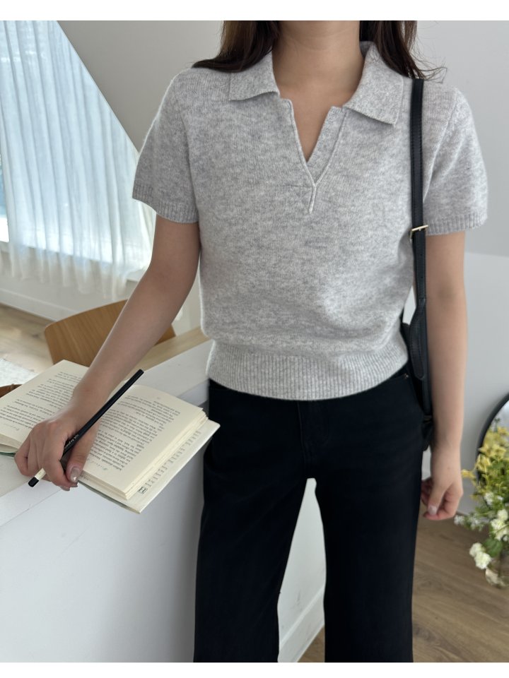 There By - Korean Women Fashion - #vintagekidsstyle - Wool Collar Short Sleeved Knit Top