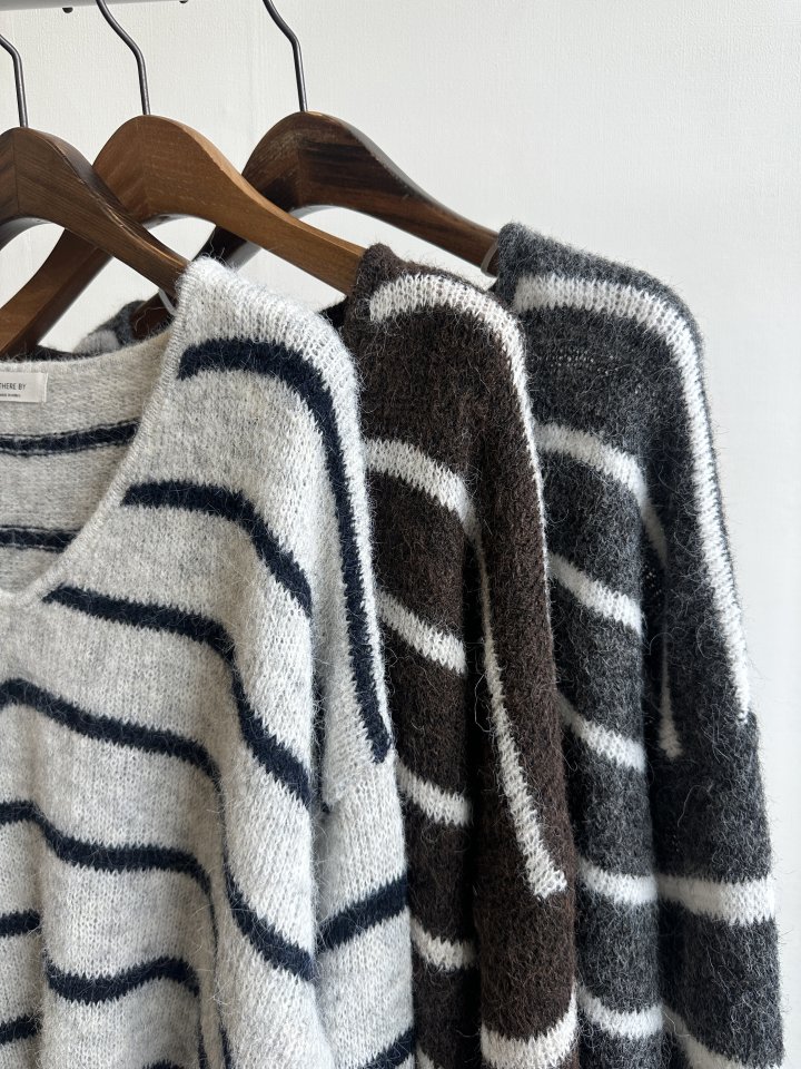 There By - Korean Women Fashion - #womensfashion - There V-neck Stripe Knit Pullover