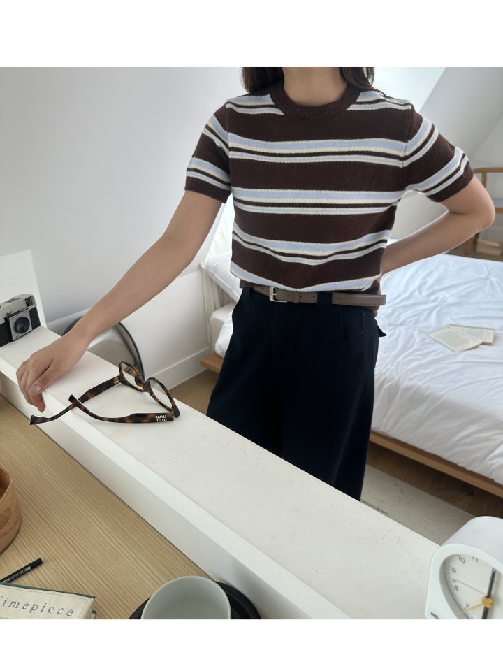 There By - Korean Women Fashion - #momslook - Stripe Short-sleeved Knit Top - 4