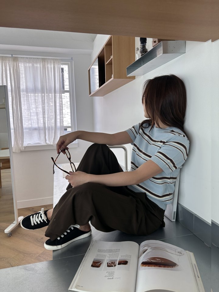 There By - Korean Women Fashion - #womensfashion - Stripe Short-sleeved Knit Top