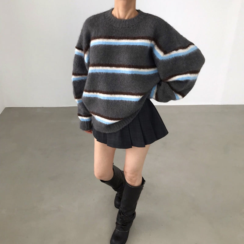 Twomoon - Korean Women Fashion - #momslook - Berry Stripe Knit