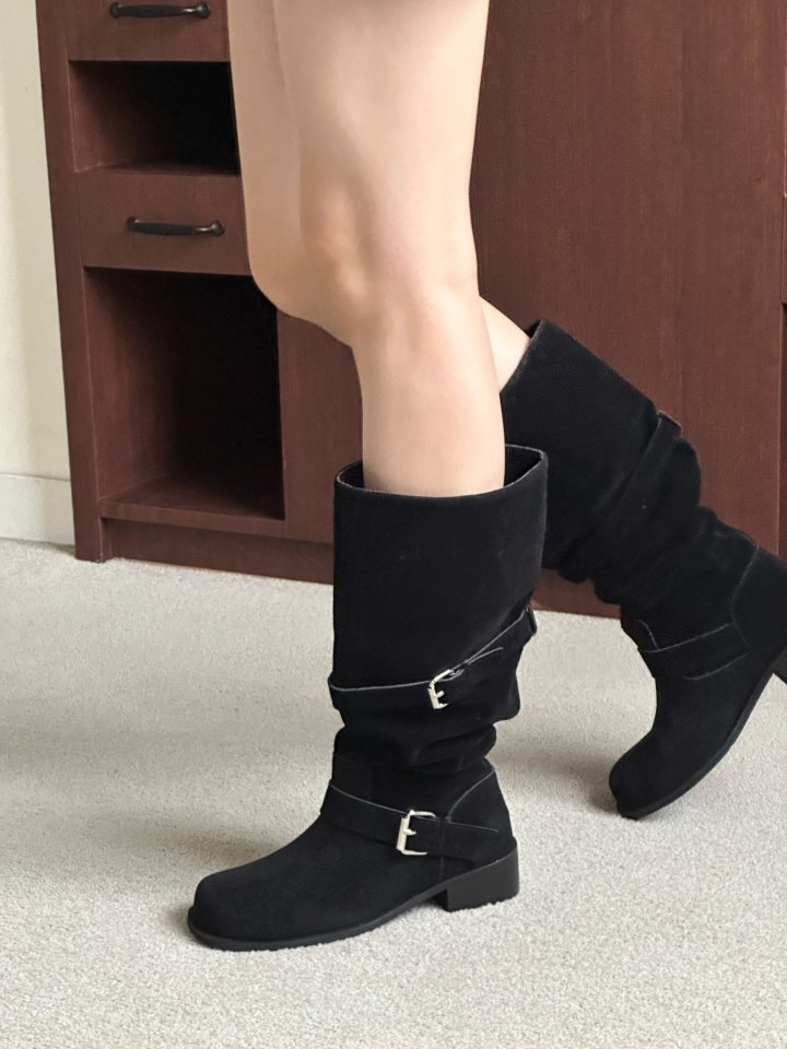 Vade - Korean Women Fashion - #momslook - Buckle Velcro Rider Biker Half Boots - 12